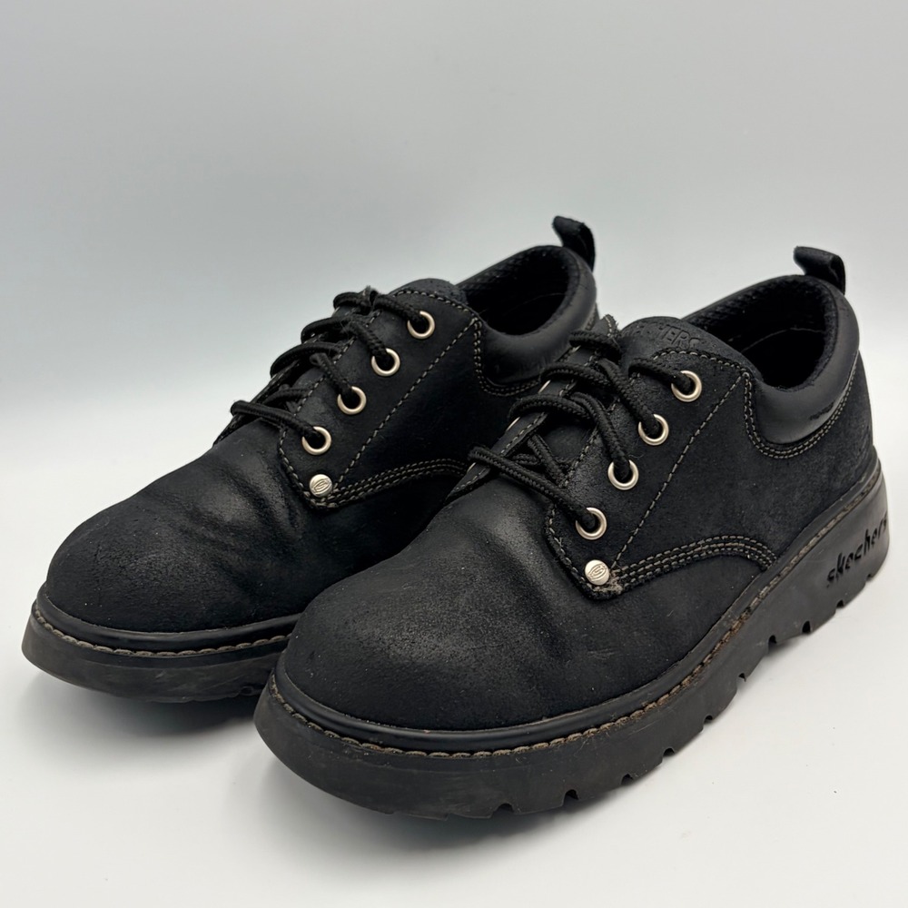 Vintage Skechers Y2K Black Leather Oxford Shoes Womens 7.5 Lug Sole Chunky 2174 - Picture 2 of 14